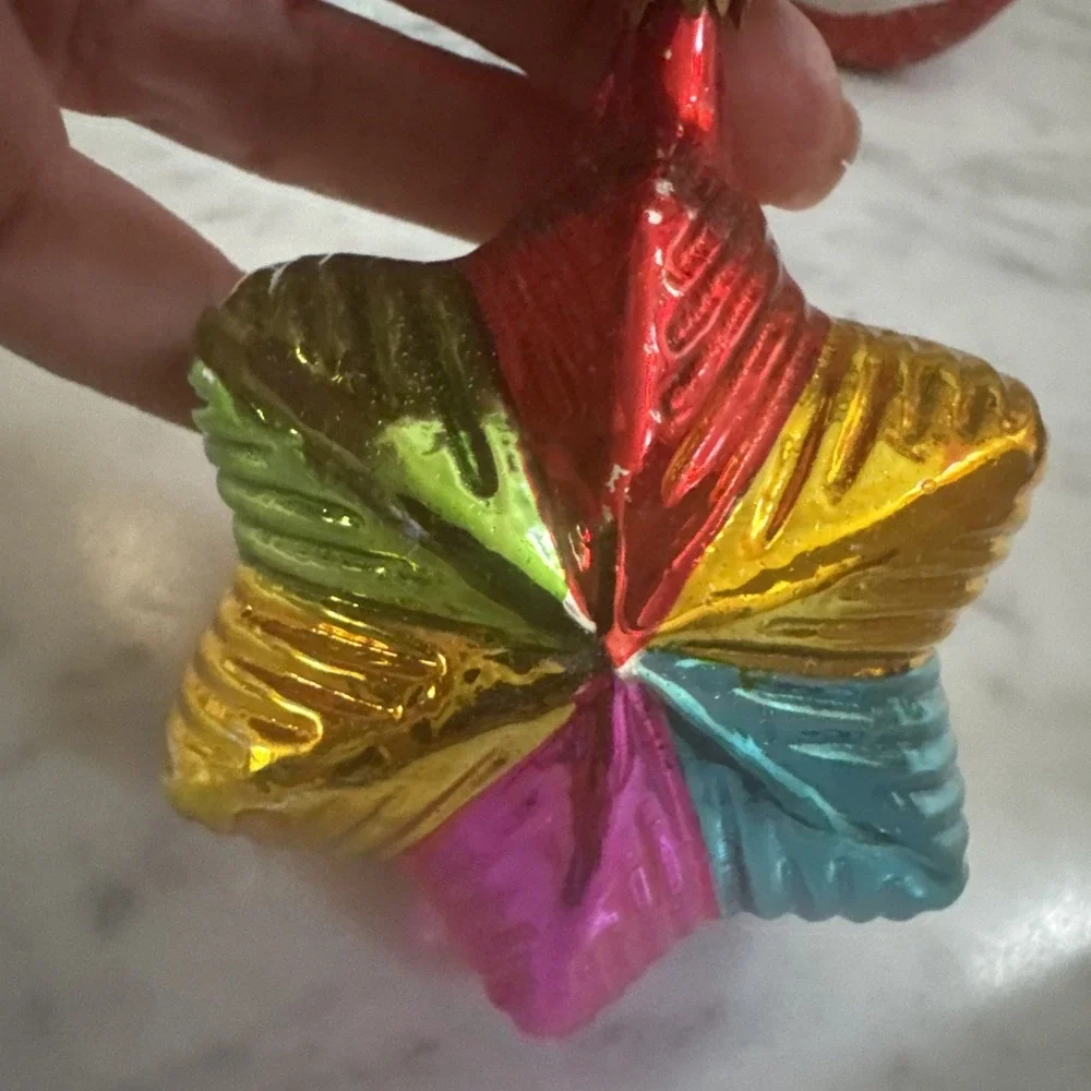 Pair Vintage Blown Glass Christmas Ornaments Six-Pointed Star Multi Color Ribbed